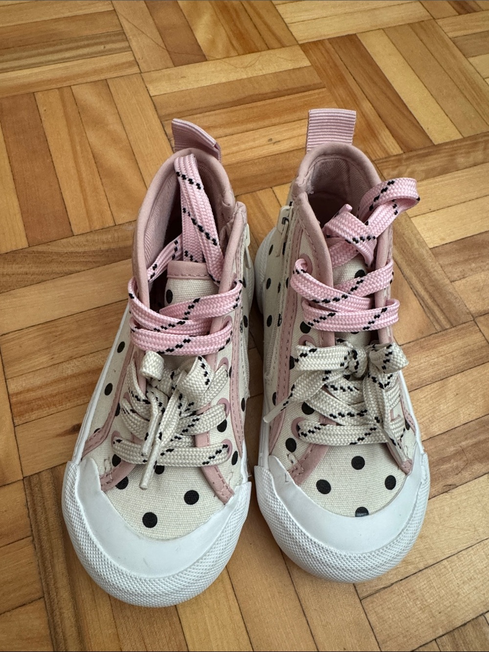 Zara Pink and Cream Polka Dot Kids High-Top Sneakers with Black Dots